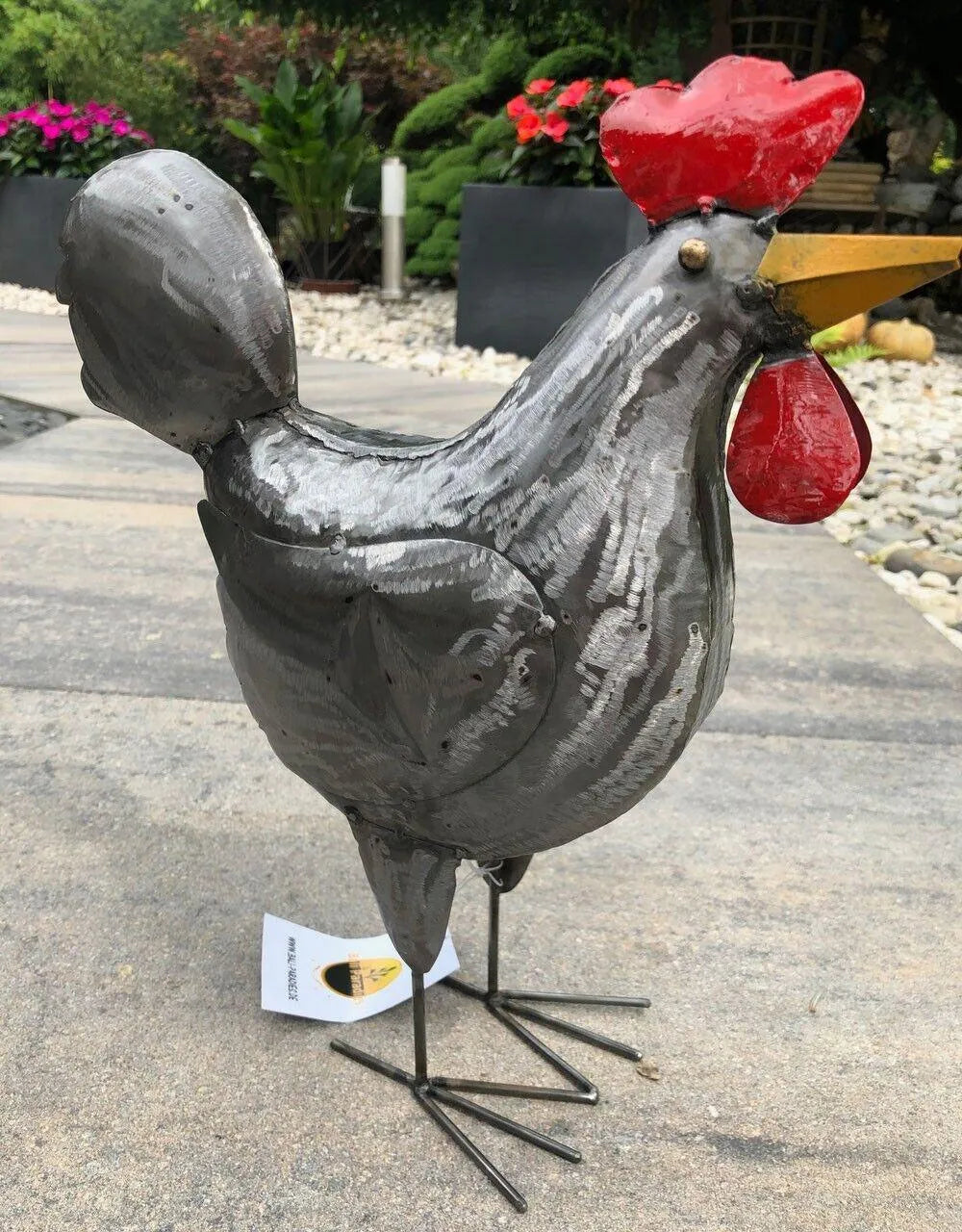 Gartenfigur groß Hahn & Huhn silber handgemachte Gartendekoration aus Metall - Bali Paradies