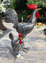 Gartenfigur groß Hahn & Huhn silber handgemachte Gartendekoration aus Metall - Bali Paradies