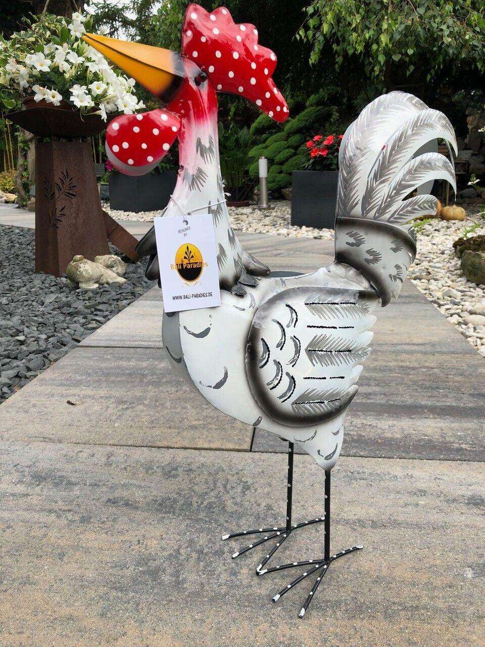 Gartenfigur groß Hahn & Huhn weiß handgemachte Gartendekoration aus Metall - Bali Paradies