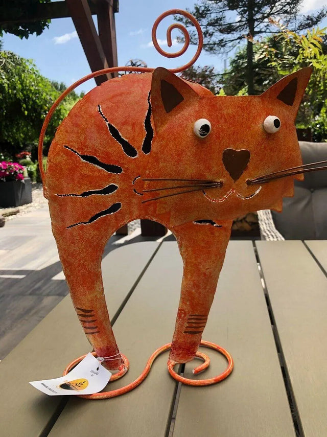 Gartenfigur große Katze handgemachte Gartendekoration mit Herznase aus Metall - Bali Paradies